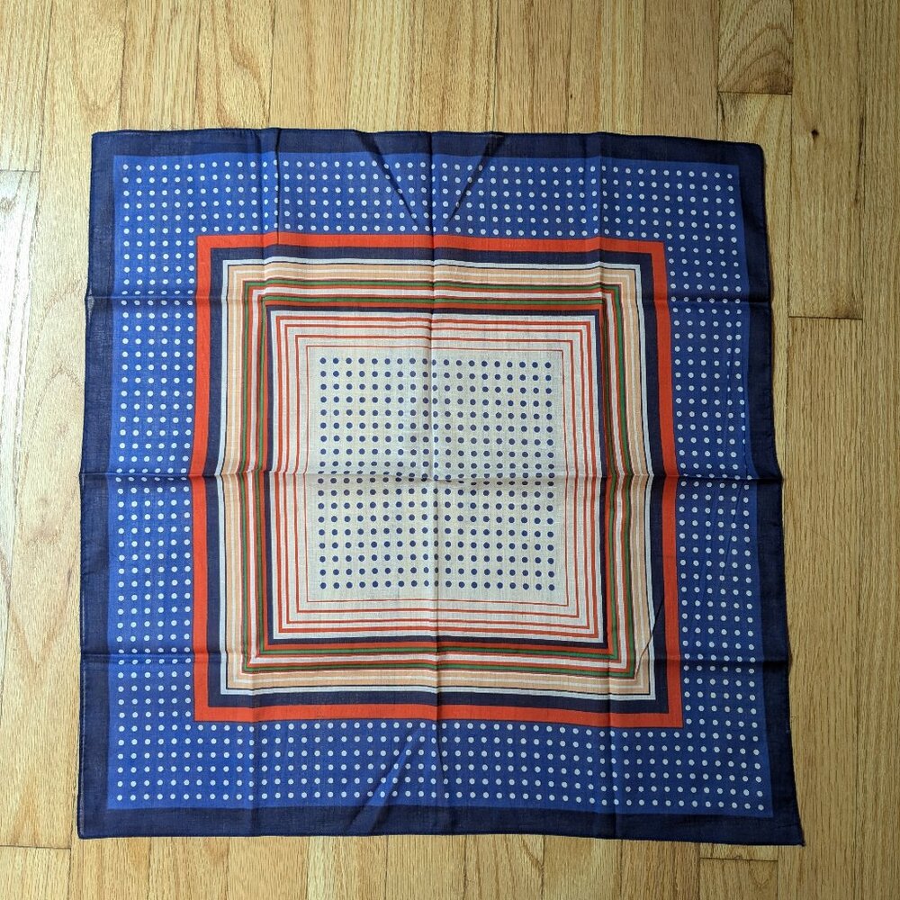 vintage 70s hair neck scarf polka dot stripe blue orange green retro 21" square